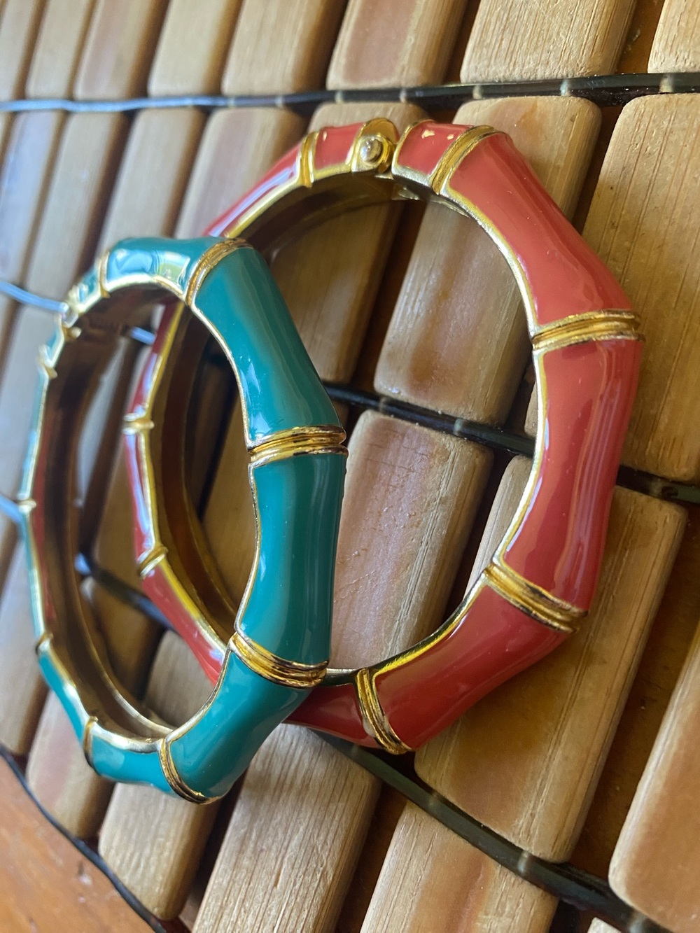 2 Joan Rivers Turquoise & Coral Color Enamel Gold Tone Hinged Bangle Bracelets